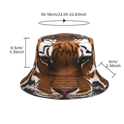 Tiger print bucket hat with dome crown on a neutral background