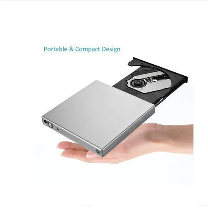 Silver USB external DVD burner, portable optical drive, 138x137.5x18mm plastic casing