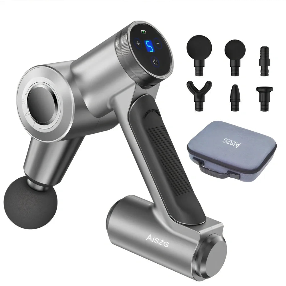 Metallic grey fascia gun with six massage heads in portable luggage case