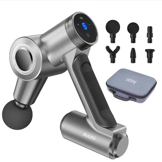 Metallic grey fascia gun with six massage heads in portable luggage case