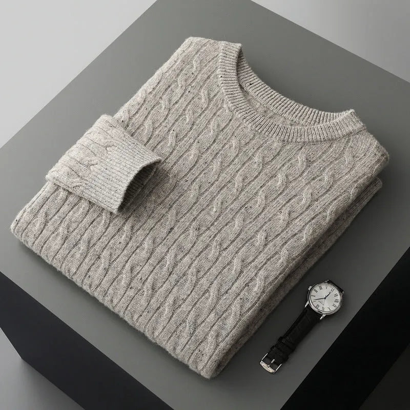 Men's twist round neck wool pullover sweater in white and gray, loose fit, long sleeves, sizes S to 3XL