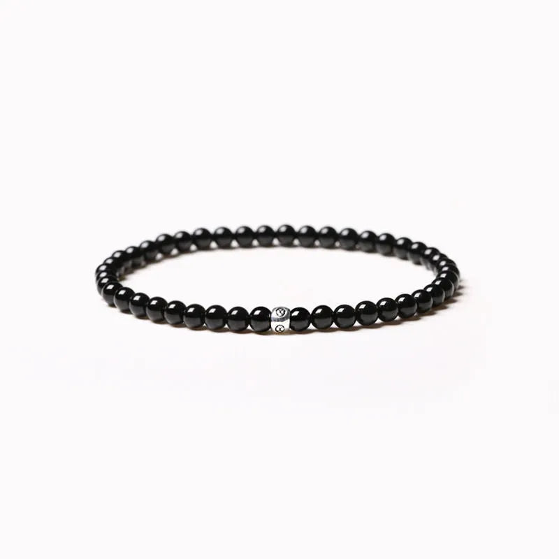 Fine Obsidian Agate Blue San Bracelet for men and women in unisex geometric style with 4mm free size round and chamfered square beads of Obsidian, blue San, black agate, and cut surface black agate, electroplated finish, simple design