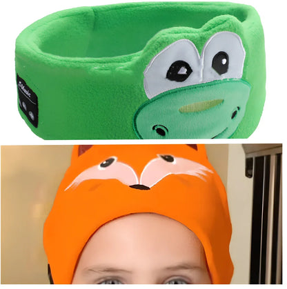 Bluetooth animal headband sleep mask with dinosaur hood showing integrated speakers and wireless design