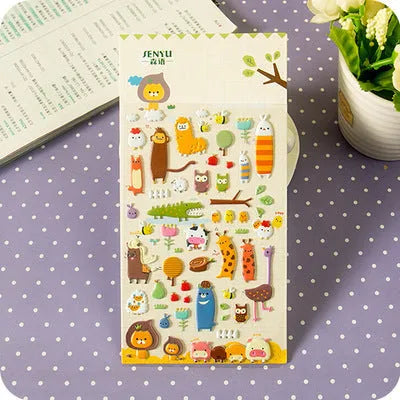 Cartoon three-dimensional bubble stickers showing colourful animal, food and pattern designs for decoration