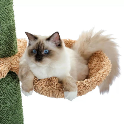 Solid wood cat climbing frame with integrated scratch board and cat nest measuring 240cm tall