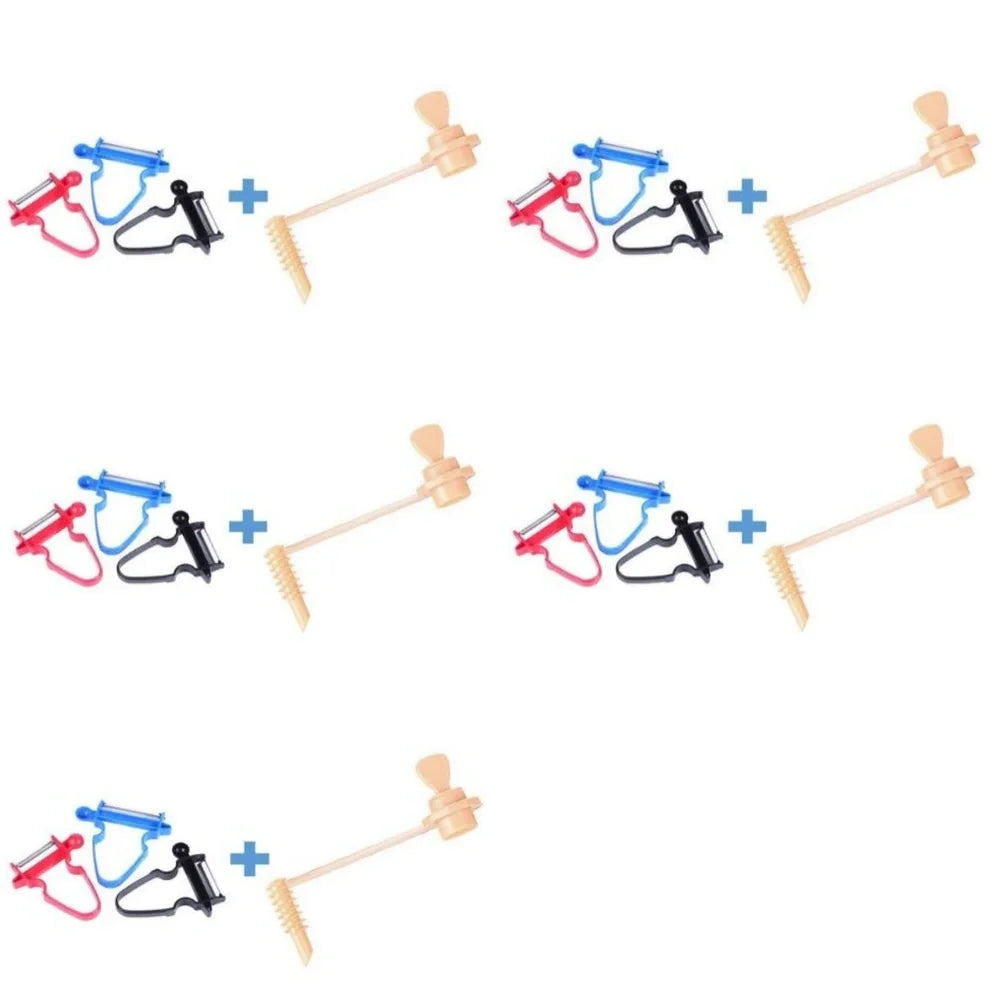 Stainless steel vegetable peeler set with black, blue, red handles and dual swivel blades