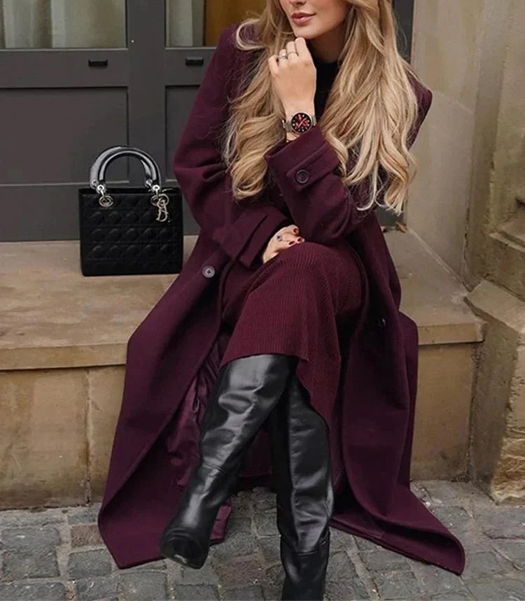Premium woolen coat in wine red color with double-breasted design and belt for women's winter fashion