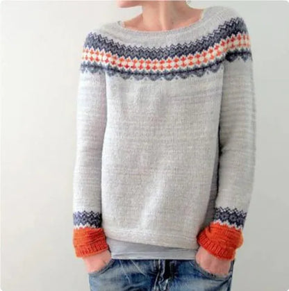 Women's loose round neck acrylic pullover sweater in geometric and stripe prints, sizes S-5XL, 50cm length