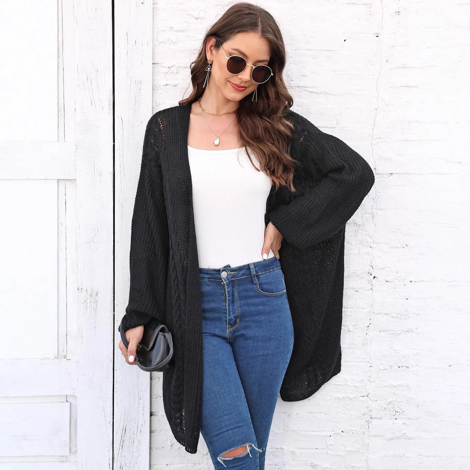 Women's loose acrylic sweater coat in free size showing Army Green colour option