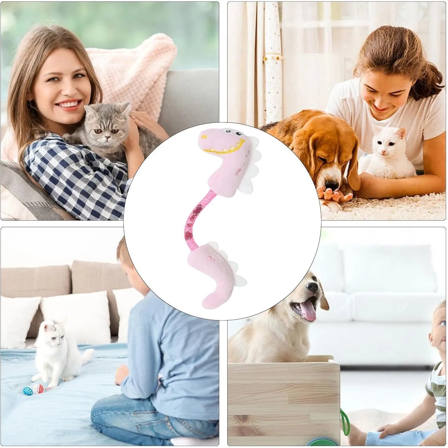 Set of four colourful plush cat toys: a fish, a mouse, a bunny, and a knotted rope, on a neutral background.