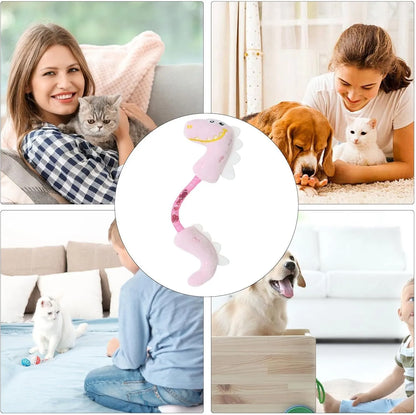Set of four colourful plush cat toys: a fish, a mouse, a bunny, and a knotted rope, on a neutral background.