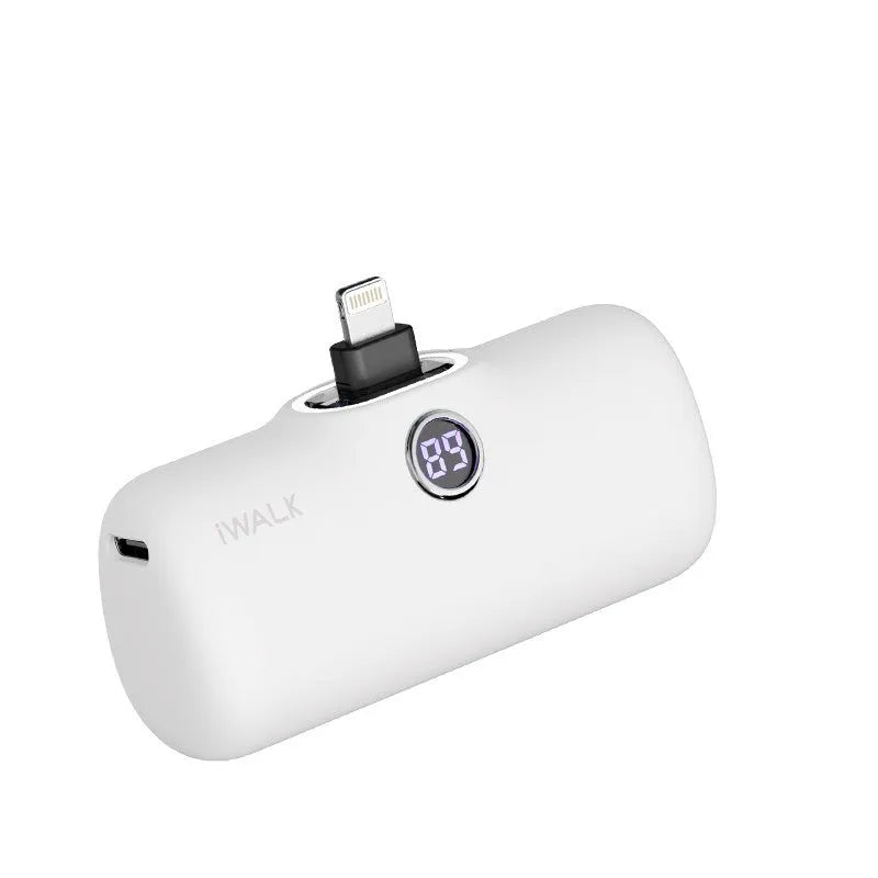 Compact lipstick-style power bank showing screen display with battery percentage, measuring 78mm x 51mm x 25mm