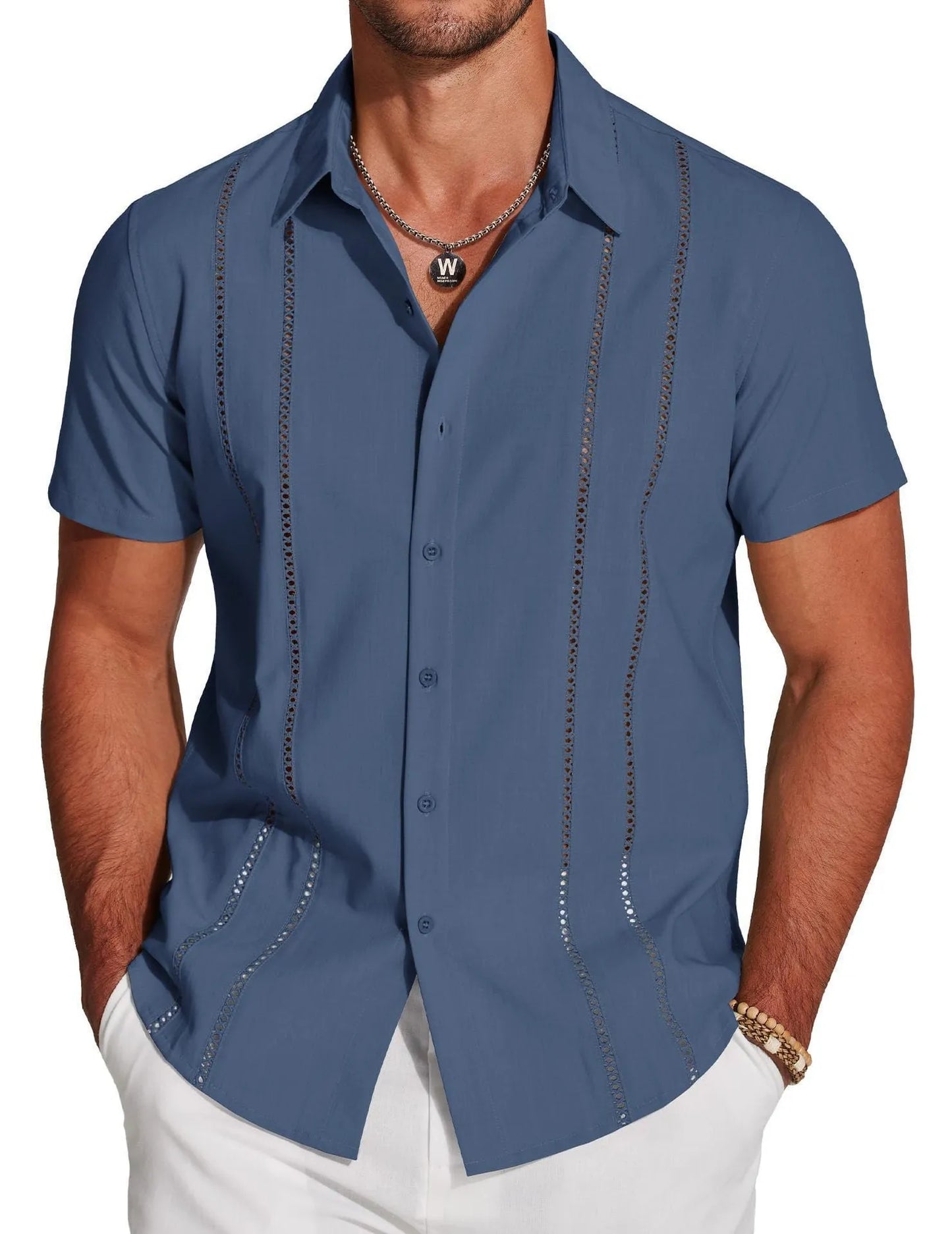 Men's slim fit Hawaiian short sleeve shirt with a colourful digital print pattern.