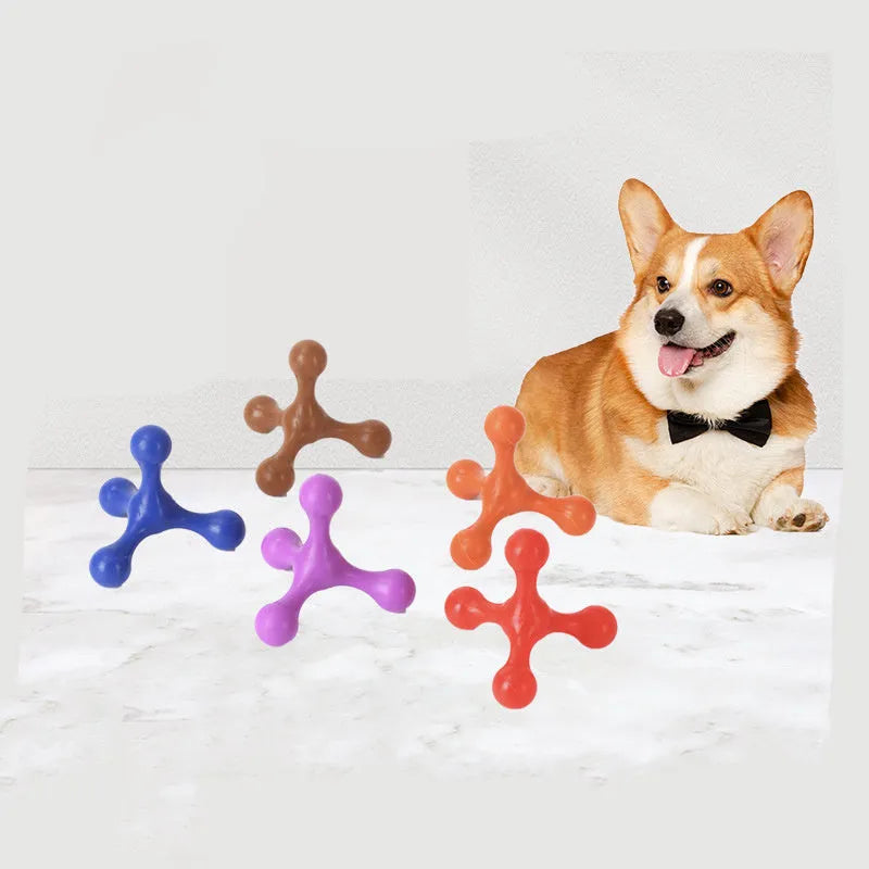 Blue silicone puppy chew toy with three-leg design measuring 9.5cm for teething relief