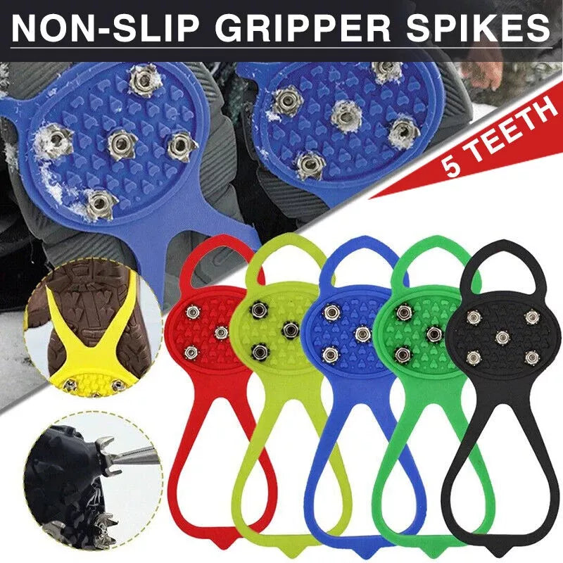 Unisex 5-toothed ice grippers for shoes, featuring durable rubber and steel teeth for superior traction on ice and snow.