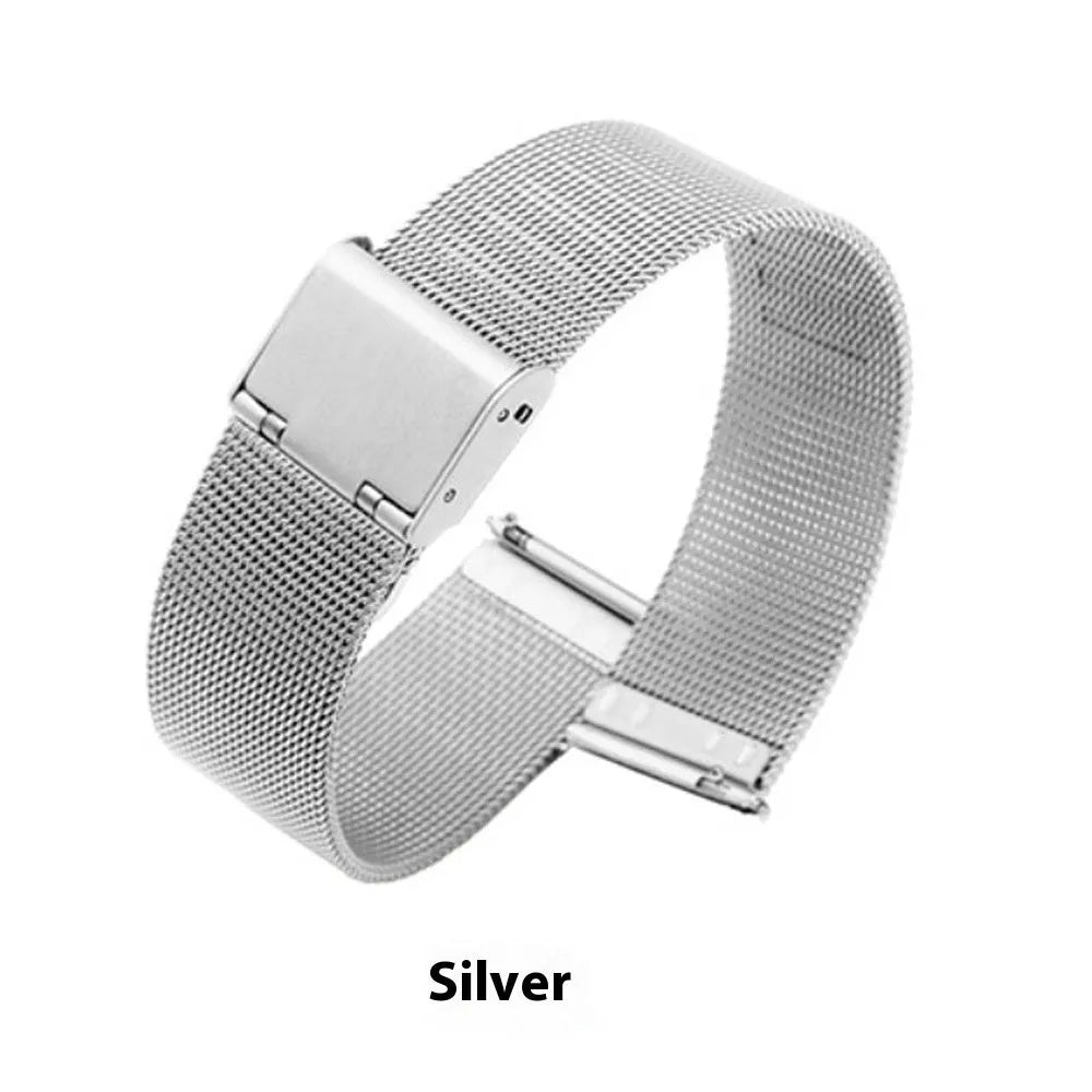 Milani silk woven stainless steel watch band showing metallic finish and woven texture, available in multiple width sizes