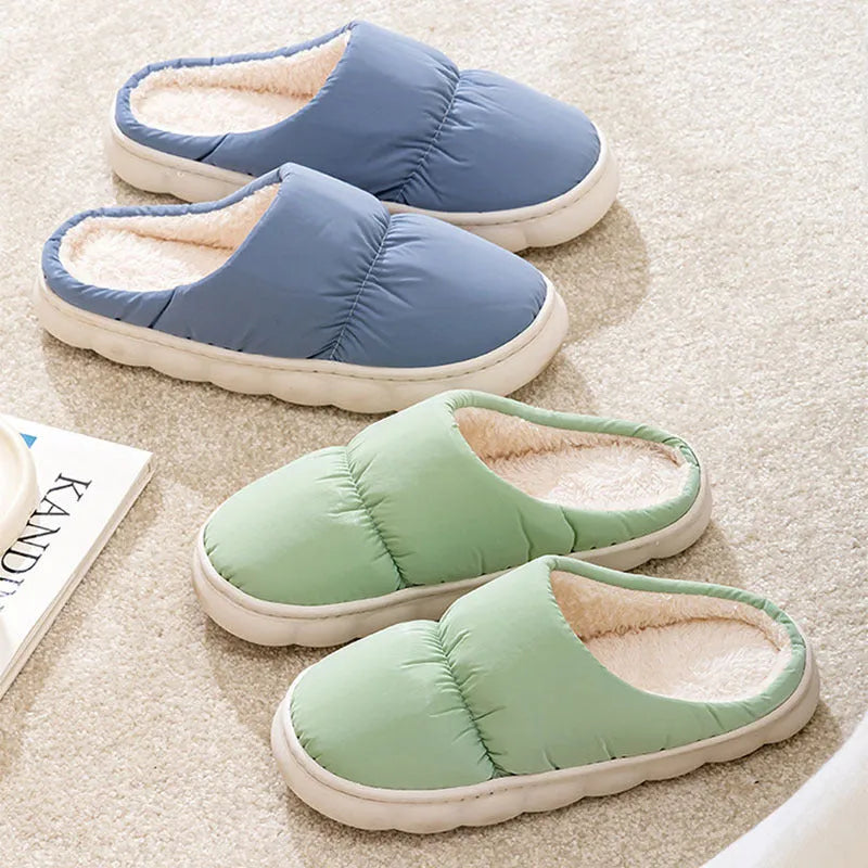 Down cotton slippers with artificial leather upper and rubber anti-slip sole in blue colour