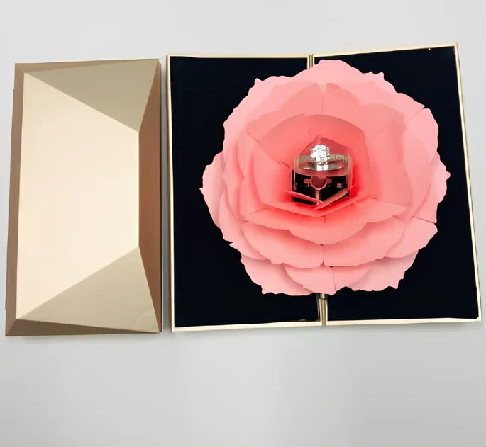 Rotating ring box with embossed paper exterior showing 360-degree mechanism and flannel interior