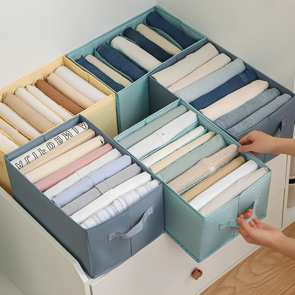 Foldable denim pants drawer organiser box with PP board construction and multiple compartments for clothing storage