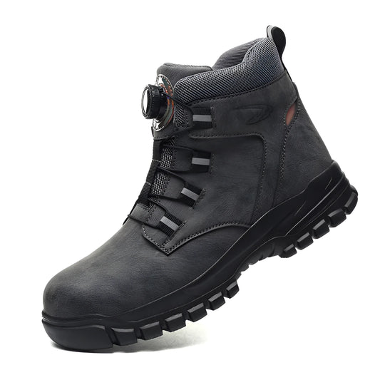 Black lightweight labour protection shoes with leather upper and rubber sole, showing anti-smash and anti-puncture design.