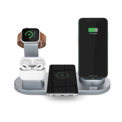 Three-in-one wireless charging stand in silver for iPhone, Apple Watch and AirPods with adjustable angle and USB power