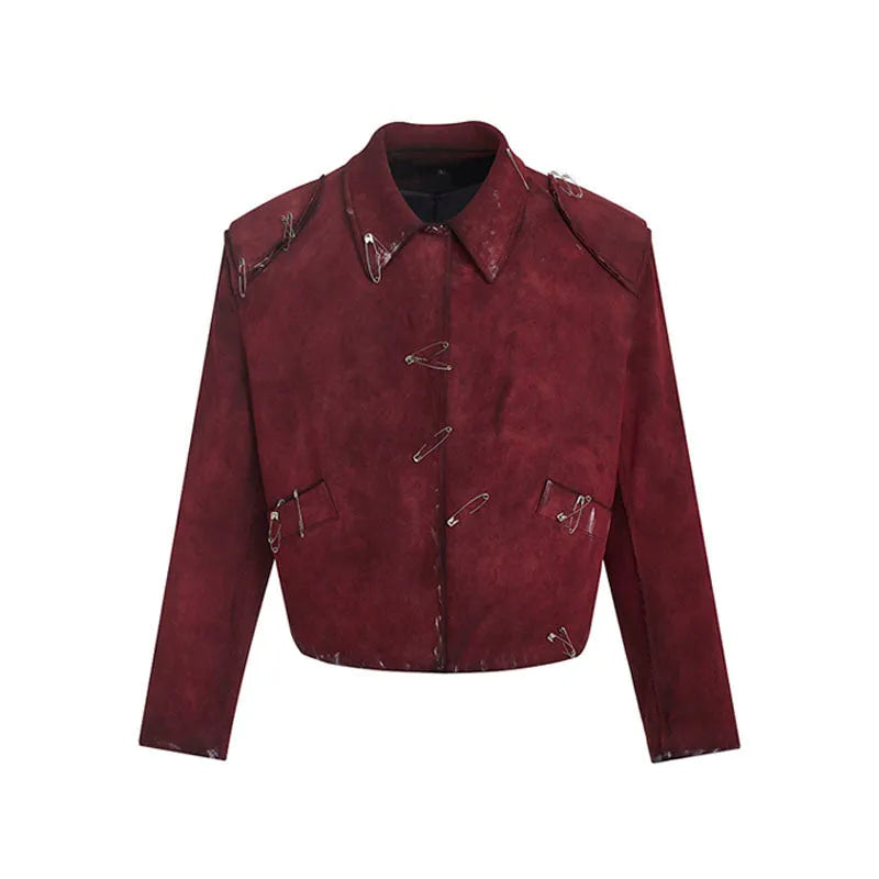 Men's red quilted jacket with decorative pins and flocking details, loose fit with lapel collar