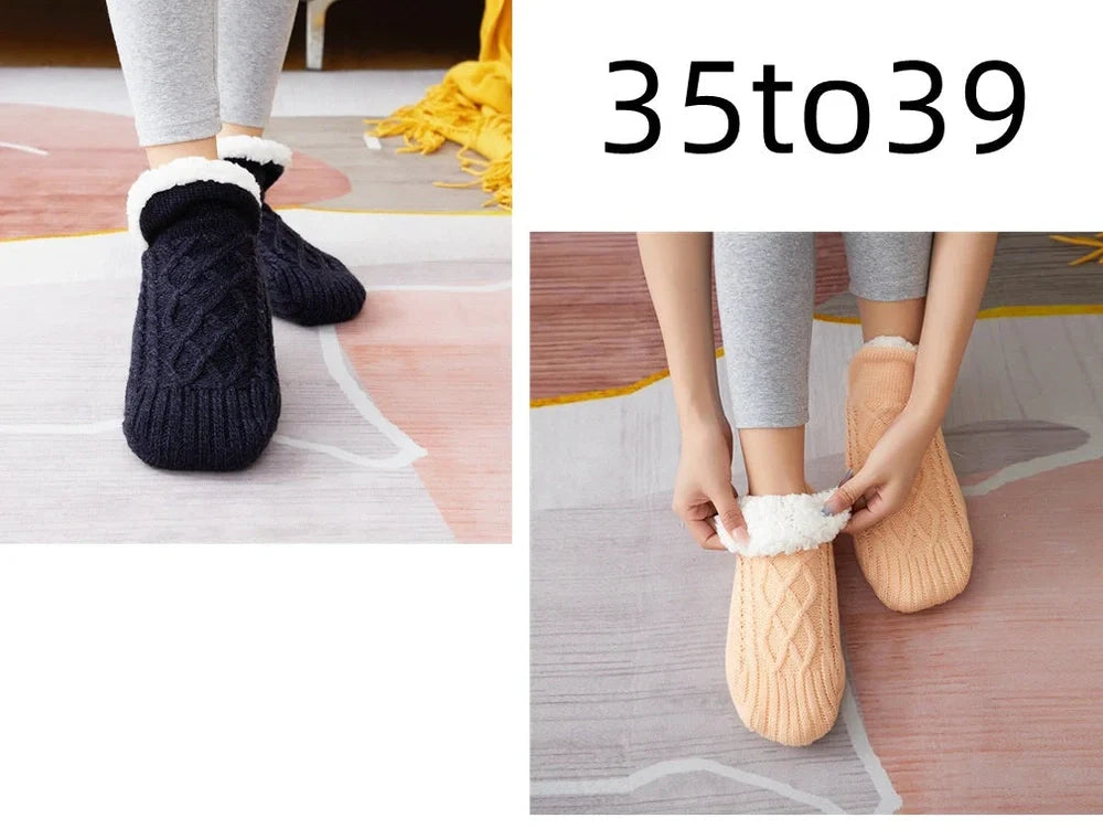 Winter woolen socks with V-opening design and anti-slip dots on soles in navy blue colour