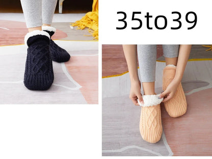 Winter woolen socks with V-opening design and anti-slip dots on soles in navy blue colour