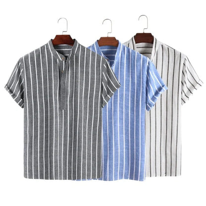 Men's striped short sleeve cotton shirt in white, red, gray, and blue