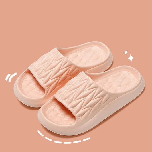 Leaf texture pattern EVA slippers in various colours showing non-slip sole design