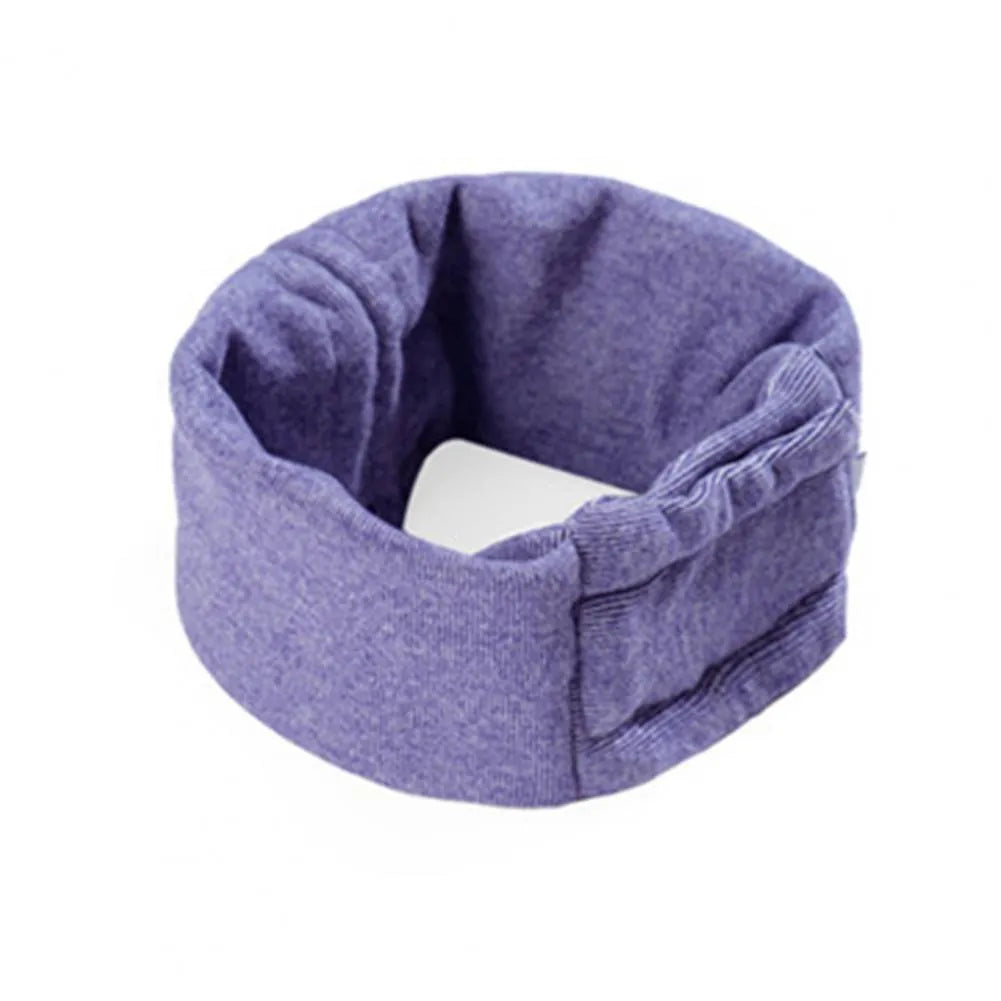 Black dog calming hoodie head wrap covering ears, shown on a dog as a hood and neck scarf.