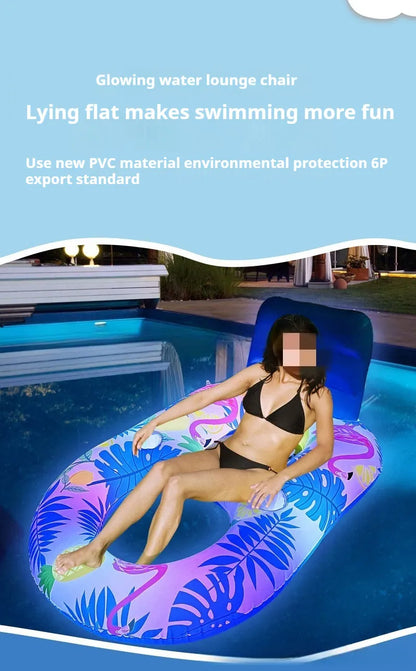 Large white inflatable pool floating bed with integrated backrest recliner on blue water
