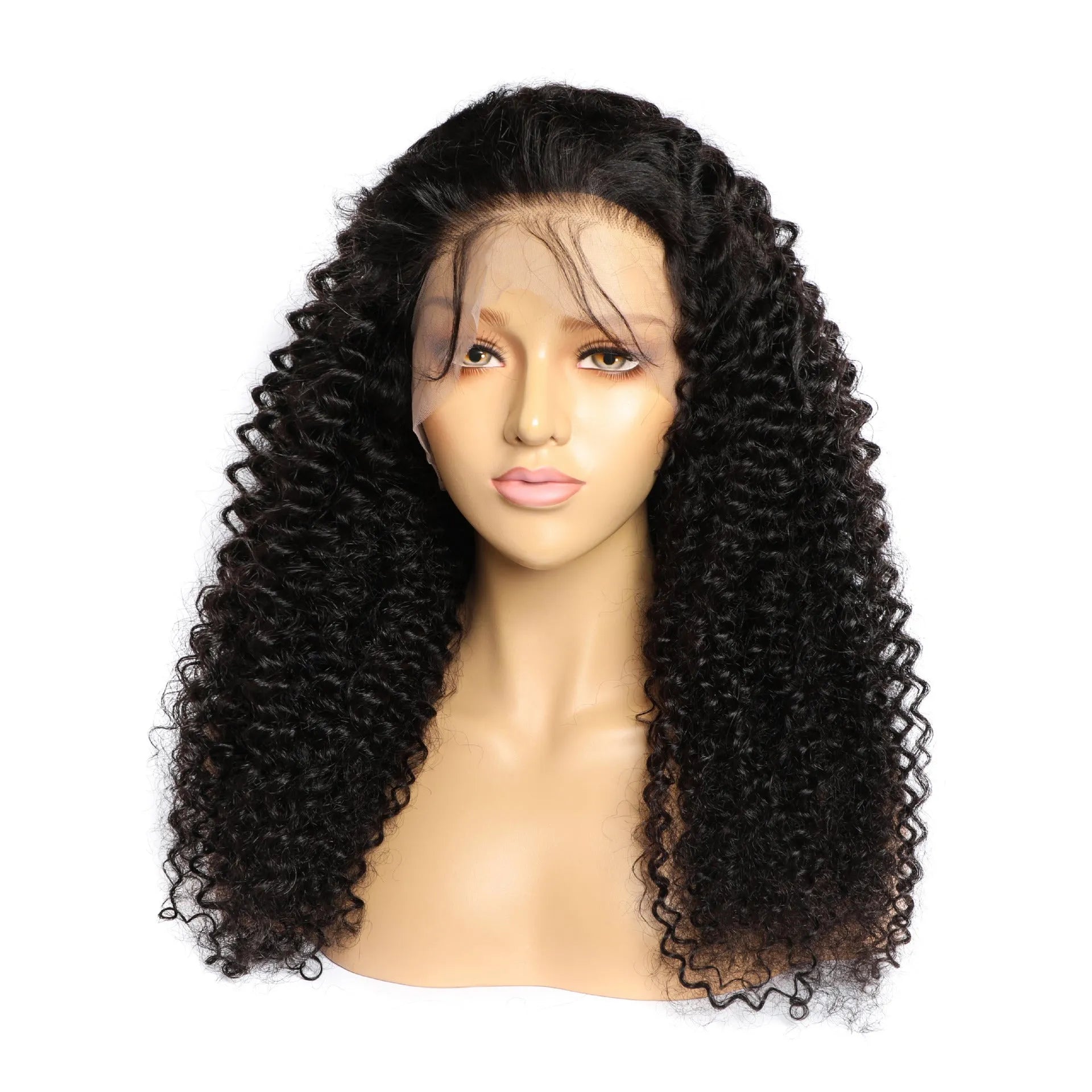 Close-up of a curly hand-woven human hair wig showing the realistic lace front and textured curls.