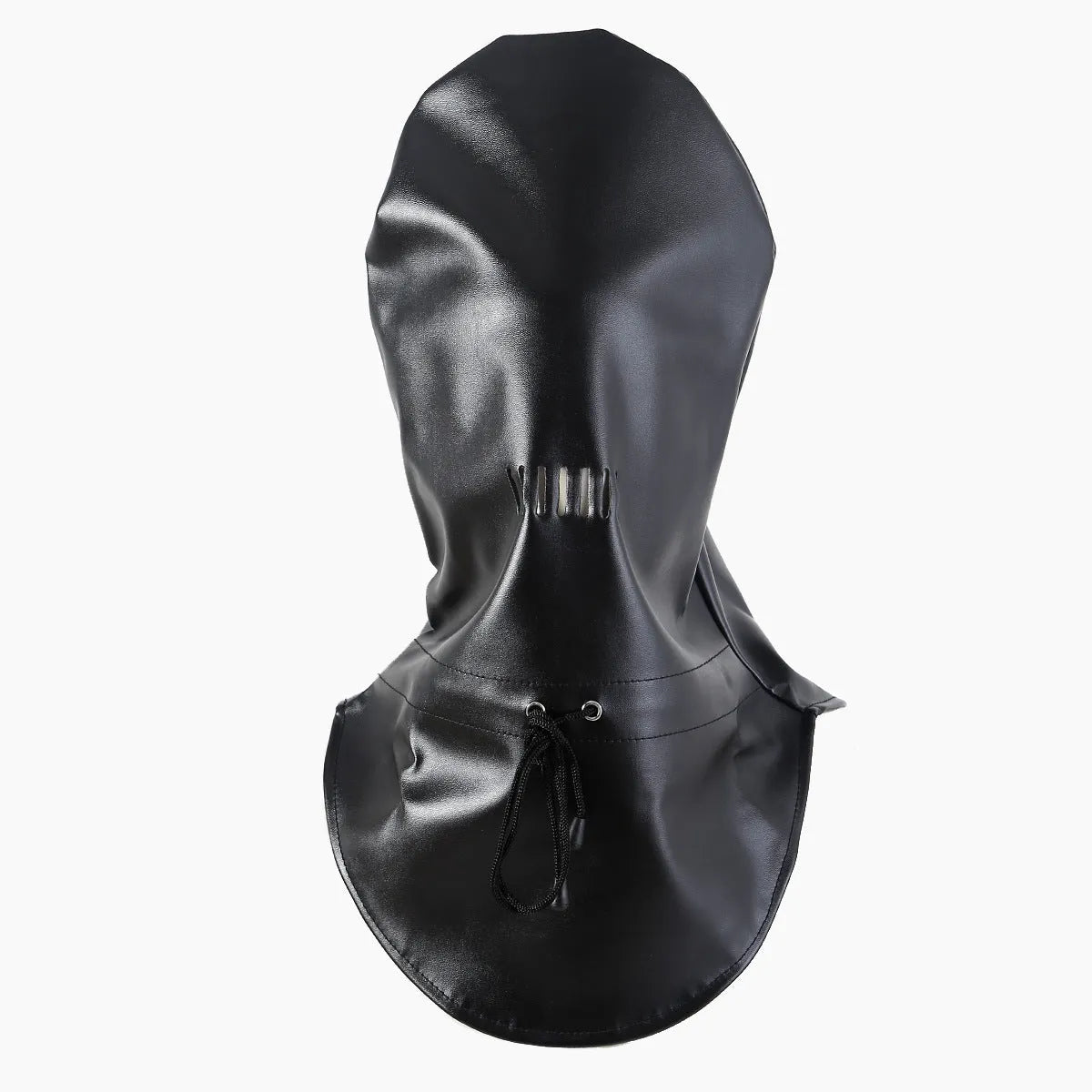 Black leather BDSM mask with lace front panel and adjustable head harness straps