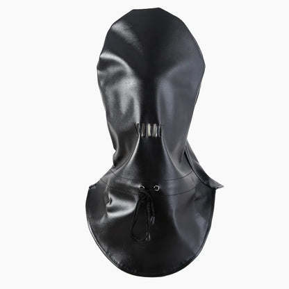 Black leather BDSM mask with lace front panel and adjustable head harness straps
