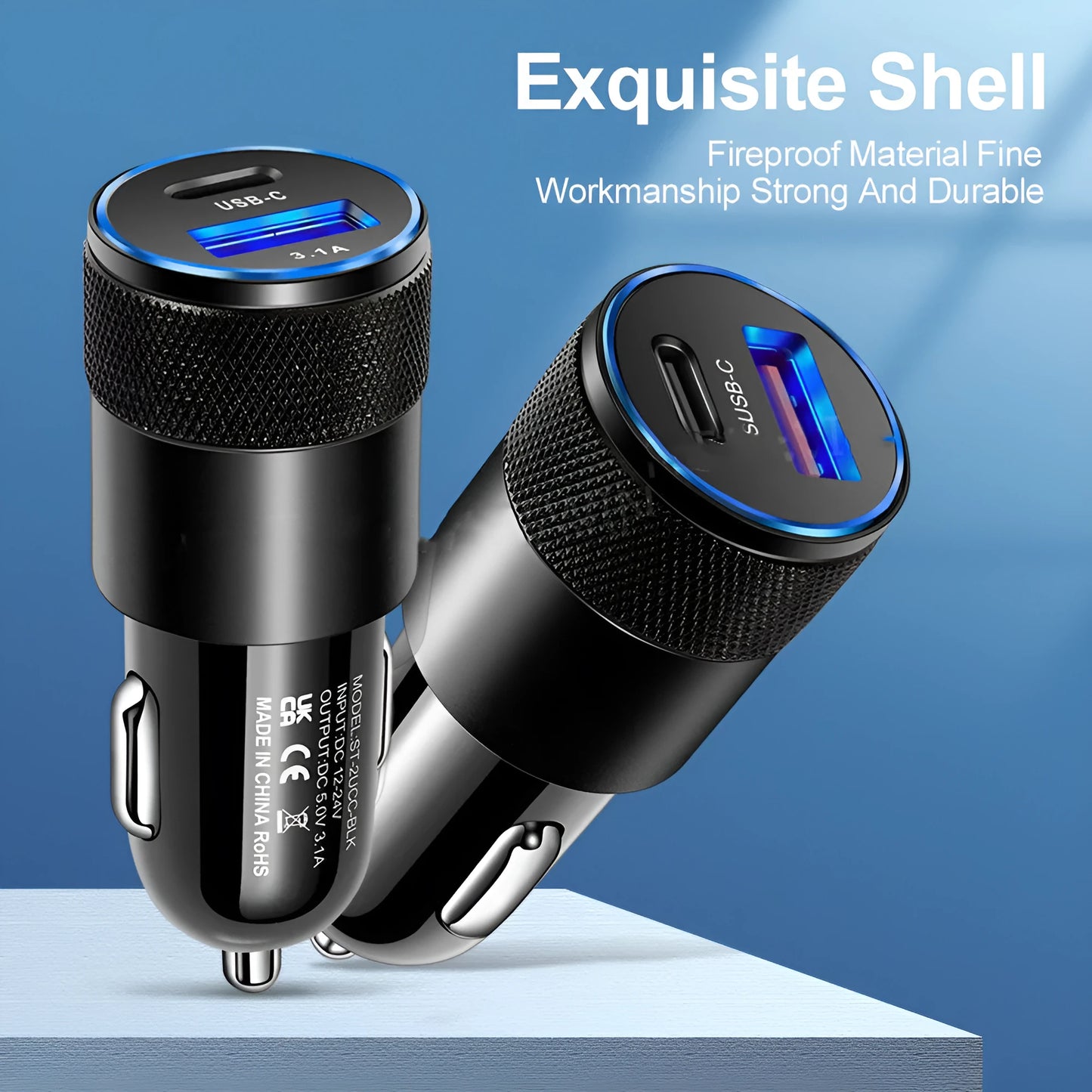 Aluminium alloy mobile phone car charger with USB socket measuring 2.5 by 6cm