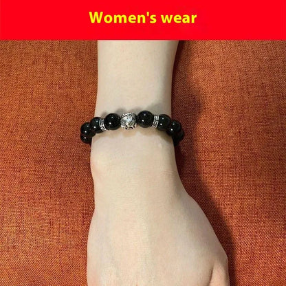 Silver 999 natural obsidian bracelet with cloud year design, shown in 10mm and 12mm unisex sizes.