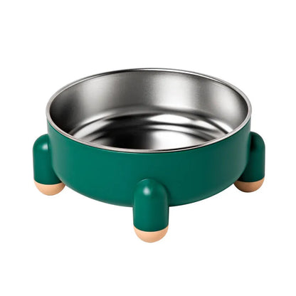 Green stainless steel pet bowl with anti-overturn base and high foot for dogs and cats.