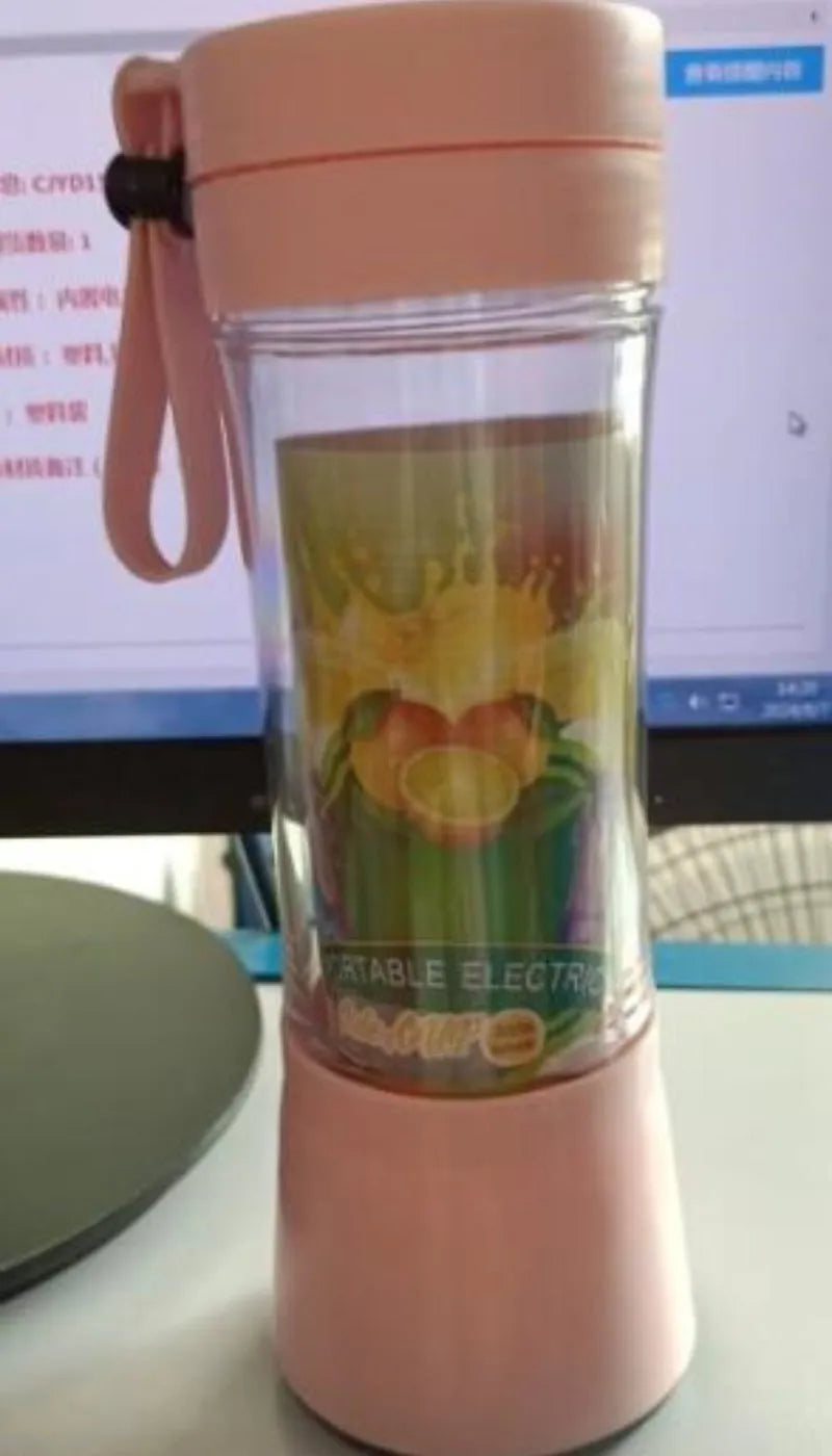 Portable USB rechargeable blender with pink colour option showing cup and six-blade design