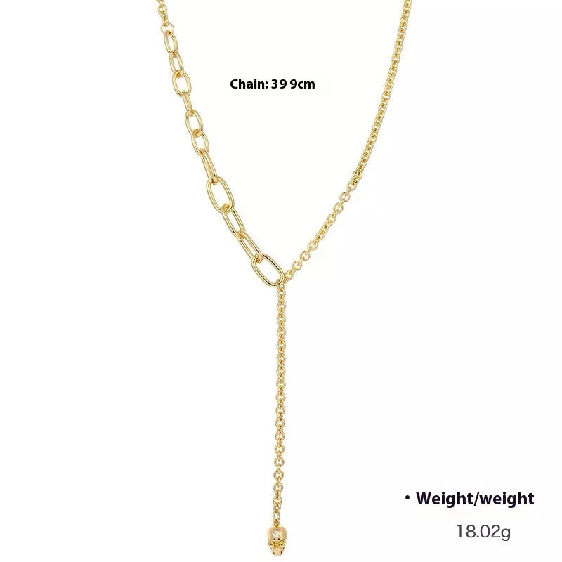 Punk style Y-shaped necklace with zirconium skull pendant and mixed gem inlaid