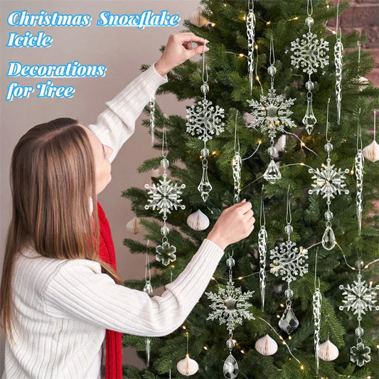 Elegant acrylic icicle ornaments with hanging holes and ribbons, perfect for decorating Christmas trees, fireplaces, and more.