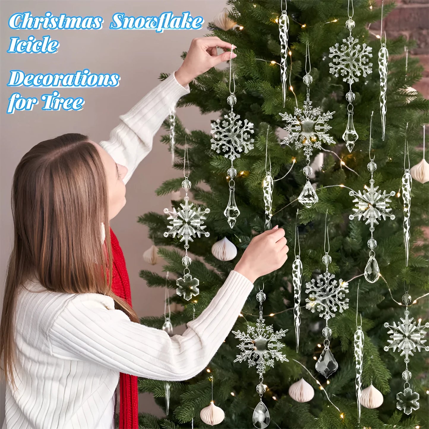 10 clear acrylic ice cone Christmas tree ornaments with hanging ribbons on green branches