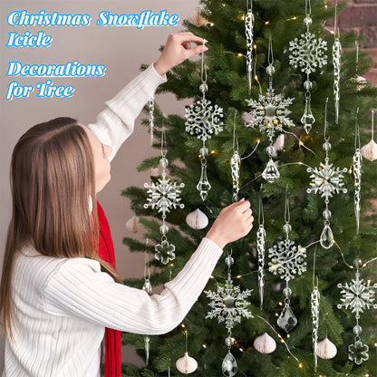 10 clear acrylic ice cone Christmas tree ornaments with hanging ribbons on green branches