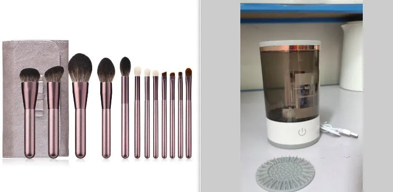 Grey and white portable electric makeup brush cleaner with USB charging cable.