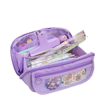 Korean-style canvas pencil case showing ten-layer flip design in Girl Pink colour