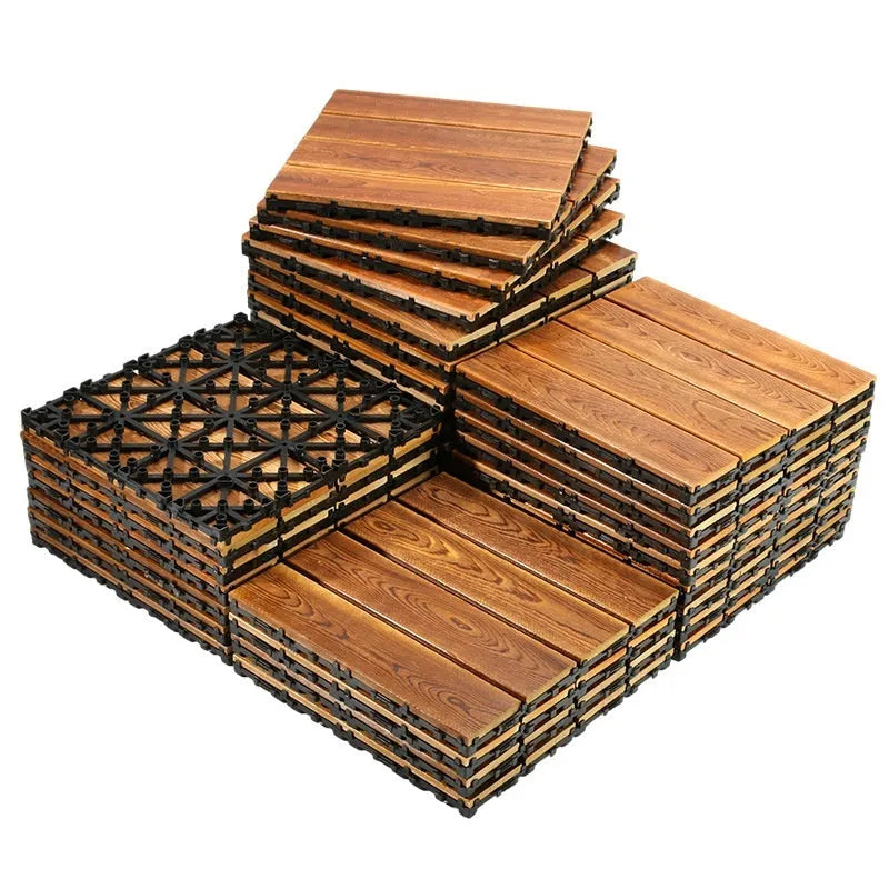 Camphor pine flooring tiles with brush wax oil finish, 30cm by 30cm dimensions, for indoor and outdoor use