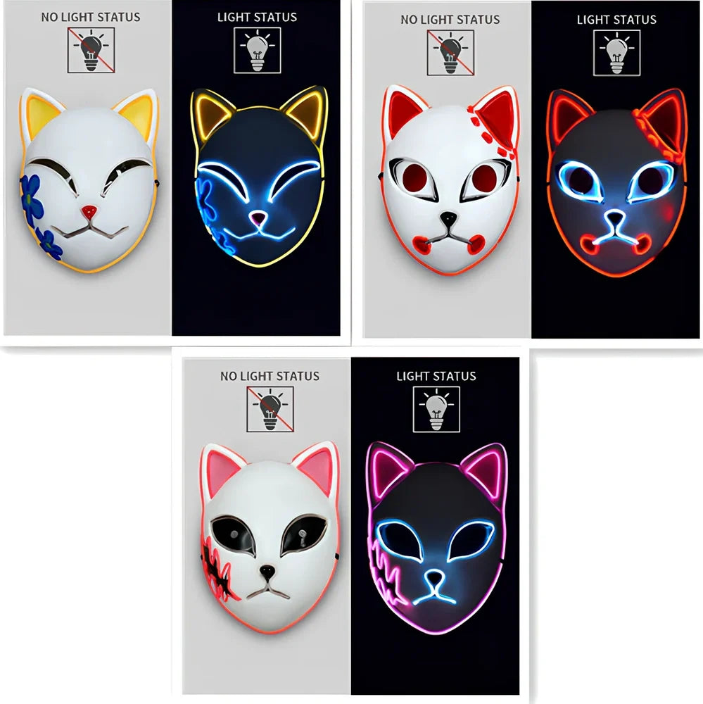 Pink LED cat face mask with transparent blue accents and lighting effects