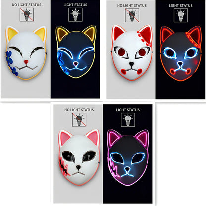 Pink LED cat face mask with transparent blue accents and lighting effects