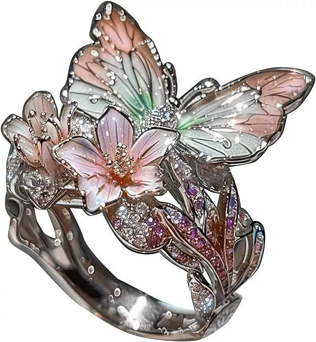 Adjustable crystal butterfly flower ring in gold, silver, and rose gold finishes