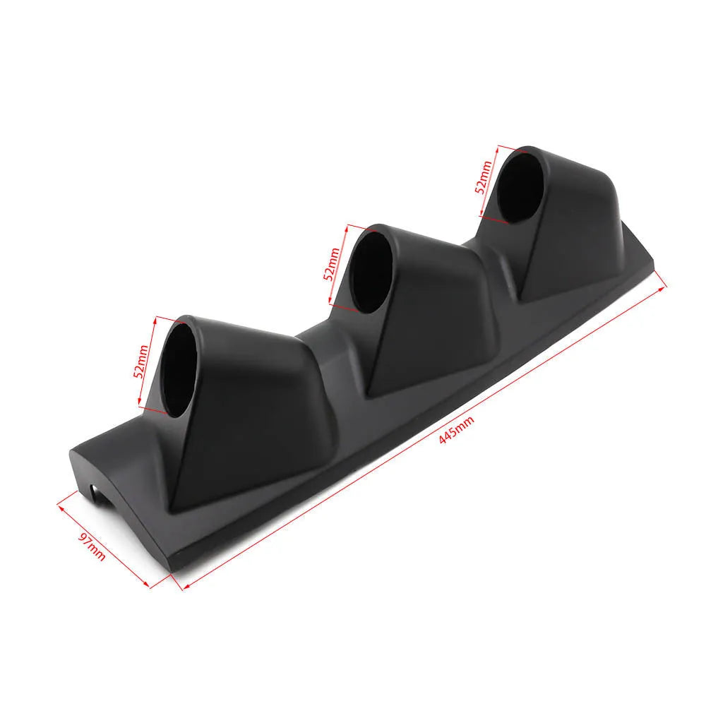 Black car instrument frame with three holes for 52mm gauge mounting in right-drive configuration